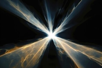 bright white center bursting with blue and golden radiating light rays over deep black background, dramatic energetic cosmic explosion evoking awe and mystery