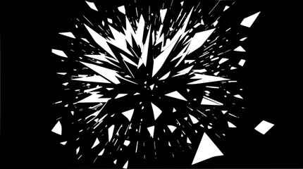 Abstract black and white image with sharp, fragmented white shapes exploding outwards from a central point on a dark background.
