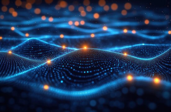 Undulating blue dotted mesh forming a wave-like digital landscape with glowing orange nodes and soft bokeh lights against a dark background, evoking a serene futuristic mood - Powered by Adobe