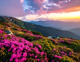 Obraz premium Mountain flowers in bloom at sunrise with vibrant pink and purple