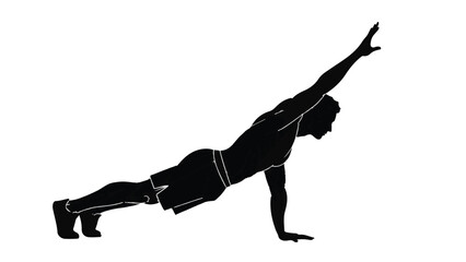 Fit man performing a challenging plank exercise with one arm raised for balance and strength.