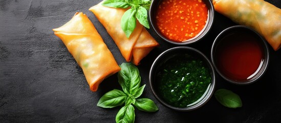 Crispy Spring Rolls with Dipping Sauces and Basil