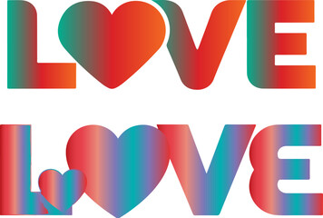 Vibrant gradient typography displaying the word love featuring stylized heart shapes emphasizing romance and affection in a bold graphic design