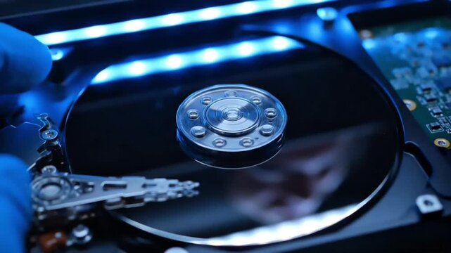 Macro of Technician Hands in Blue Gloves Using Precision Tools to Repair Internal Hard Drive Disk for Data Recovery