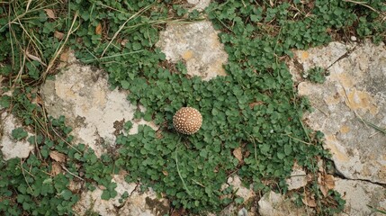 Mushroom on stone path surrounded by grass