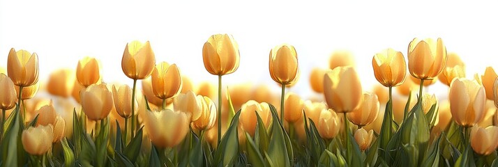 close-up sunlit field of yellow tulips with green leaves and glowing petals, bright backlight conveying a warm peaceful and uplifting spring morning mood