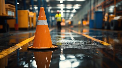 Orange traffic cone on a wet reflective warehouse floor with puddle reflection, yellow lane markings and a blurred high-visibility worker in the background conveying caution and vigilance