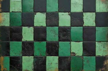 worn green and black checkerboard square tiles with cracked, chipped surfaces and gritty, nostalgic weathered texture
