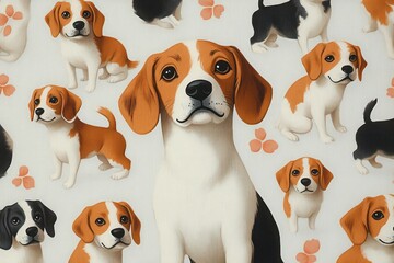 Obraz premium multiple adorable beagle puppies illustrated in warm brown, black and white tones with paw print accents, playful expressions and gentle heartwarming charm