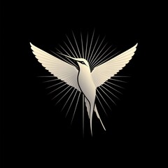 Obraz premium golden stylized hummingbird with outstretched wings and radiant starburst on black background, evoking elegance and serenity
