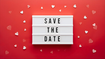 Save the Date sign surrounded by hearts on a red background