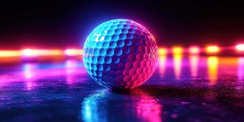 close-up of a glowing dimpled golf ball on a wet reflective surface with neon pink and blue lights and bokeh creating a futuristic energetic mood