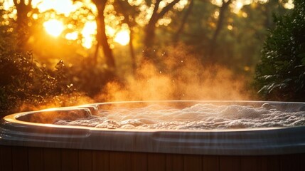 Steaming outdoor hot tub bubbling at sunset in a wooded backyard, warm golden light and mist creating a peaceful relaxing atmosphere