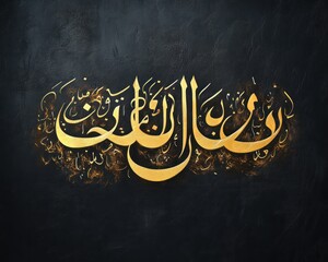 ornate gold arabic calligraphy with flowing flourishes on a dark textured leather-like background, glowing embers and warm highlights conveying regal elegant serene emotion