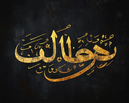 ornate gold arabic calligraphy with diacritical marks on a dark distressed background, metallic textured lettering conveying reverence and elegant solemnity