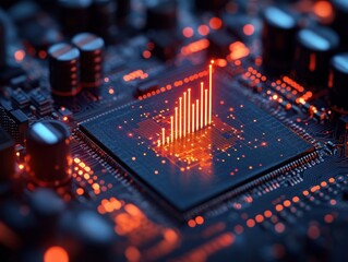 close-up of a glowing microchip on a circuit board with neon orange holographic bar graph rising above electronic components, evoking futuristic innovation and dynamic energy