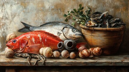 Realistic Still Life of Fresh Seafood and Shells