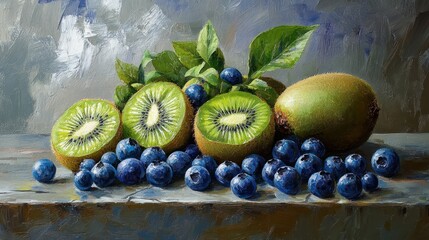 Vibrant Still Life Painting of Fresh Kiwi and Blueberries