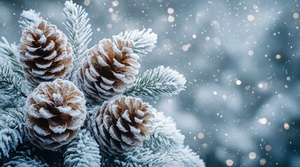 frosted pine cones on evergreen branches dusted with snow, serene winter snowfall with soft bokeh lights