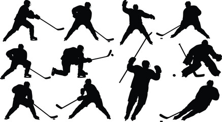 Ice hockey player silhouettes, skating poses, puck interaction, shooting motion, goaltending stance, black vector, sports icon, athletic action, team sport, dynamic illustration ©  FIROZ