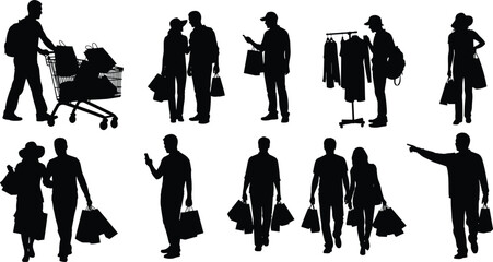 Shopping activity silhouettes, consumer behavior, retail interaction, people with bags, cart pushing, clothing rack, black vector, urban lifestyle, market scene, commercial illustration ©  FIROZ