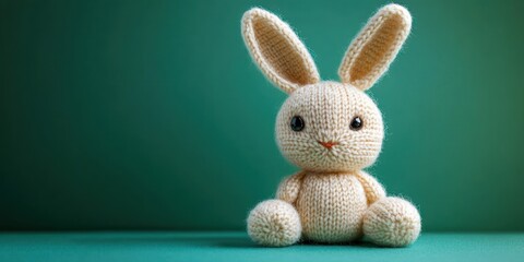 hand-knitted cream bunny plush with long ears sitting on a teal background, soft yarn texture and a gentle adorable expression conveying warmth and comfort