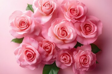 bouquet of soft pink roses with green leaves on a pastel pink background evoking romance and gentle elegance