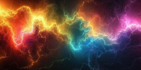 Vibrant rainbow electric storm of glowing fractal filaments and swirling cosmic clouds over a dark background, dynamic intense and awe-inspiring