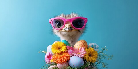 cute baby ostrich wearing pink sunglasses peeks over a bouquet of colorful spring flowers and pastel decorated eggs against a bright blue background, playful and cheerful