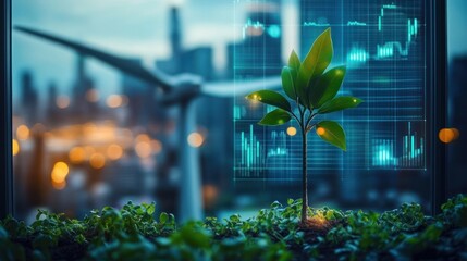 young seedling sprouting from soil in an urban planter with wind turbine and blurred city skyline, holographic growth charts and warm bokeh lights suggesting a hopeful sustainable future
