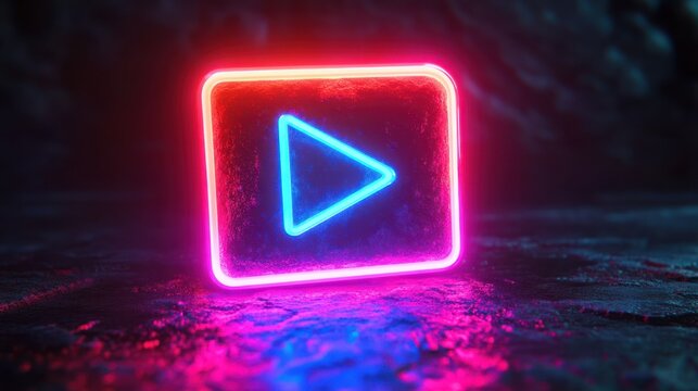 Glowing neon play icon with blue triangle inside pink rounded rectangle on wet reflective ground, moody futuristic vibrant atmosphere - Powered by Adobe