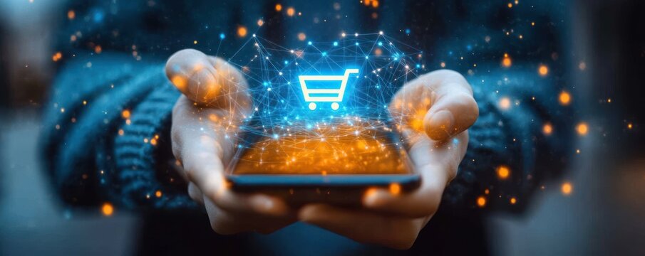 Hands holding smartphone projecting a glowing holographic shopping cart and digital network, futuristic excitement and convenience - Powered by Adobe
