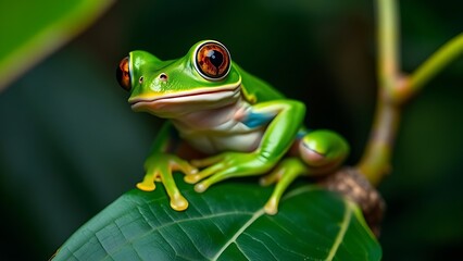 Obraz premium hop. A joyful tree frog perched on a vibrant green leaf in its natural habitat, showcasing detailed features. wildlife magazines, conservation campaigns, designed for eco-tourism storytelling.