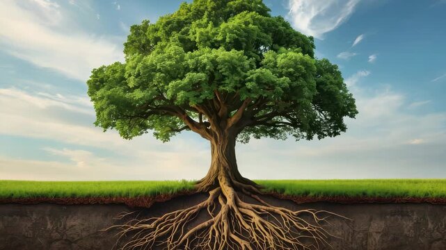 Majestic oak tree with exposed root system and trunk revealing expansive roots and canopy serene sky