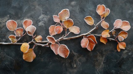 Frosted Autumn Leaves on Dark Textured Background