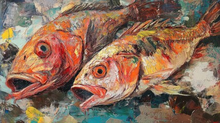 Vibrant Impasto Oil Painting of Two Red Fish