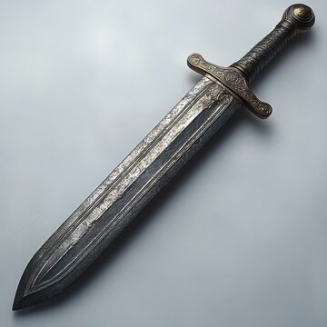 weathered ornate short sword with double-edged blade, fuller grooves, engraved crossguard and decorative pommel, leather-wrapped grip on a neutral background conveying ancient, solemn strength