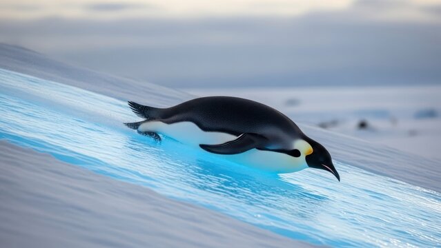Emperor penguin tobogganing down a shimmering ice slope, a graceful glide in Antarctica