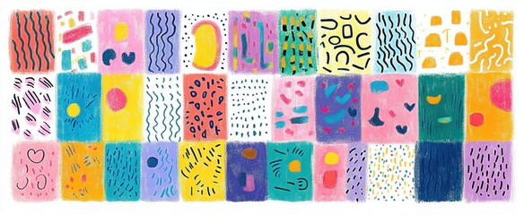 grid of colorful pastel tiles with hand-drawn abstract doodles, squiggles, dots, waves and hearts, crayon texture, cheerful playful mood
