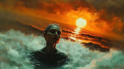 Solitary figure emerging from turbulent ocean waves beneath a fiery sun and dramatic orange sky, glowing reflection on churning water, a scene of awe and melancholy