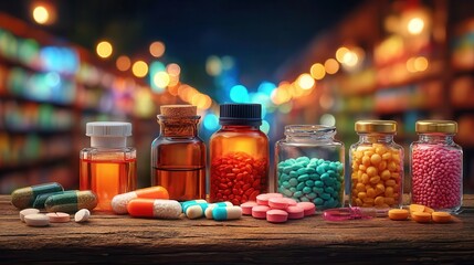 Vibrant pharmacy shelf with colorful pills and bottles on display