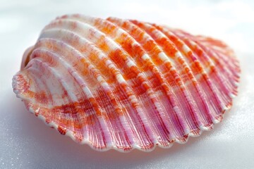 Obraz premium close-up of a glossy pink and orange ridged scallop seashell resting on a soft white surface evoking calm delicate seaside nostalgia