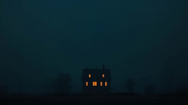 Haunted countryside farmhouse under large red moon night with glowing windows