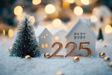 miniature snowy village scene with frosted evergreen tree, tiny white houses, golden baubles and number 225 amid warm glowing bokeh lights, cozy festive holiday mood
