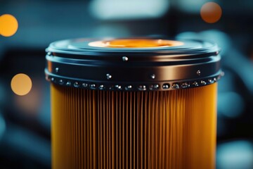 Close-up of a pleated yellow filter cartridge with a metallic riveted top, reflective droplets and soft teal and orange bokeh conveying sleek precise industrial craftsmanship