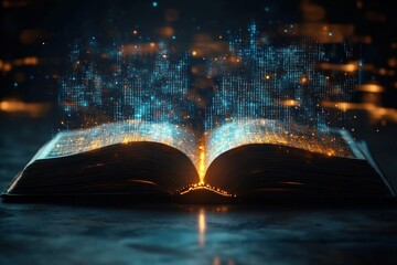open book with glowing golden pages and rising blue digital data streams, sparkling particles evoking wonder and mystical discovery