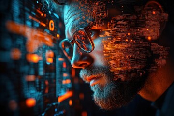 Side profile illuminated by orange digital code and blue circuit board lights, futuristic contemplative mood