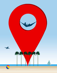 Drop a pin on your favorite tropical beach vacation destination. A woman in a hammock is seen relaxing inside a map pin that is stuck in the sand on a beach with palm trees.