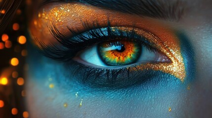Close-up of a single eye with fiery orange and teal iris, dramatic gold and blue glitter eyeshadow, long lashes and shimmering sparkles conveying a mysterious captivating intensity