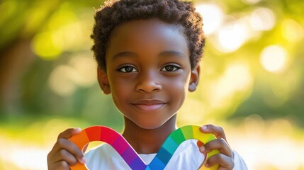 young child with curly hair holding a colorful rainbow heart symbol outdoors in warm sunlit bokeh, playful hopeful mood amid vibrant green summer background